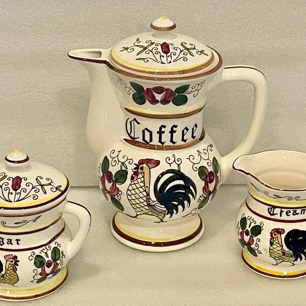 1950's Ceramic Coffee Tea Pot Creamer Sugar Set Rooster Hand Painted Acson Japan